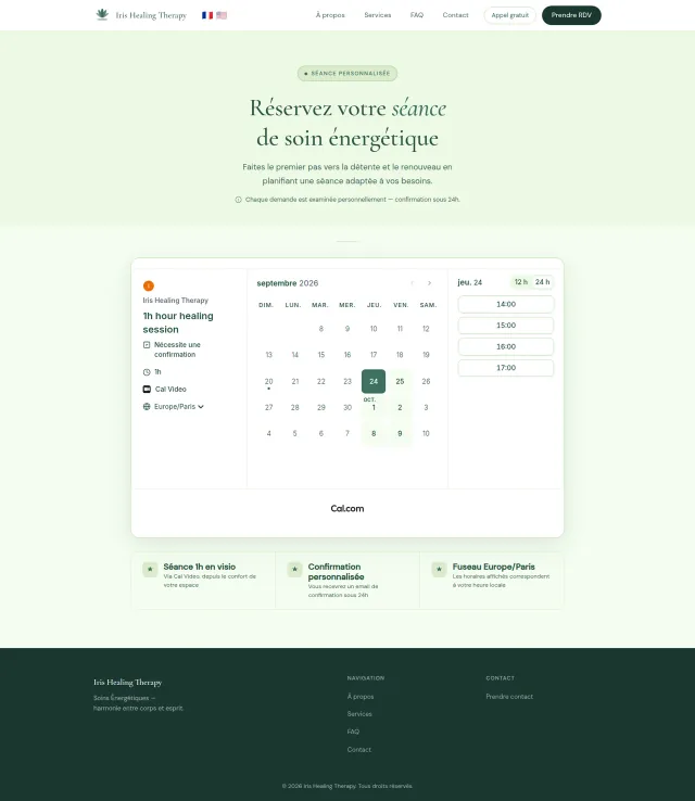Capture réelle : la réservation du site Iris Healing Therapy